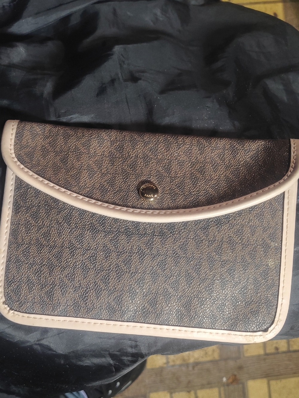 Michael Kors Brown Monogram Crossbody Wallet with Light Beige Trim